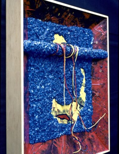 "Textures,Skins and Strings" - 1983 - 19"h.x16"w.x2.5"d. Paintskins, strings dipped in paint and crushed styrofoam cups coated in paint.