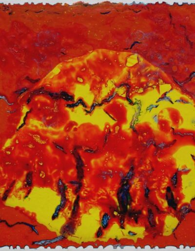 "C-Scan" - 1981 - 32"h.x34"w. Poured paint into a wax boundary. Paintskin mounted on stretched canvas.