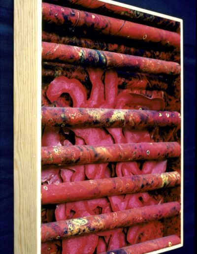 "Caged Paint" - 1983 - 18"h.x12"w.x3.5"d. Paintskin wrapped wood and paint soaked polyester.