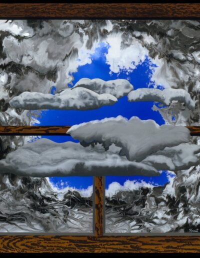 "Gathering Clouds" - 2009 - 28"h.x30"w. Overlaid and inlaid acrylic Paintskins on hardboard.