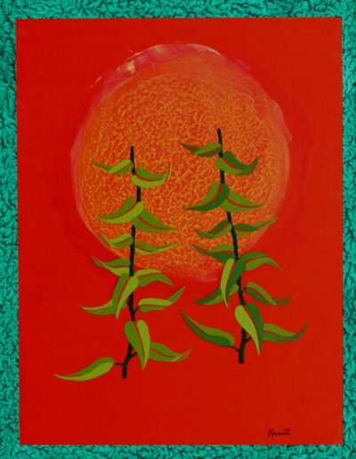 "Photosynthesis" - 2005 - 17.5"h.x13.5"w. Inlaid and overlaid Paintskins on hardboard. Playing with color and optics
