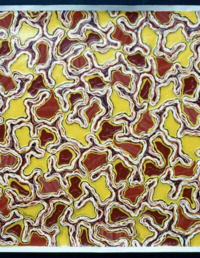 "Red Mat/Yellow Maze" - 1981 - 47"h.x54"w. Poured paint with floor mat, cast paint overlays and working off the stretchers on canvas.