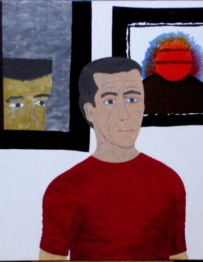 "Relevant Fear" - 1990 - 34"h.x32"w. Paintskins on stretched canvas with over painting.