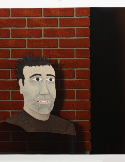 "Shadow Man"- 1990 - 40"h.x42"w. Paintskins. Shadow Man is living within the shadows of fear in the night. As a resident of N.Y.C. I learned, "When alone at night, never walk close to a building when approaching a corner.