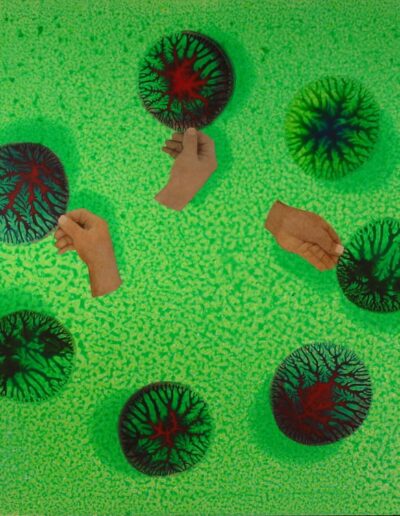 "Shady Deal" - 2006 - 36"h.x38"w. Overlaid Paintskins on hardboard.