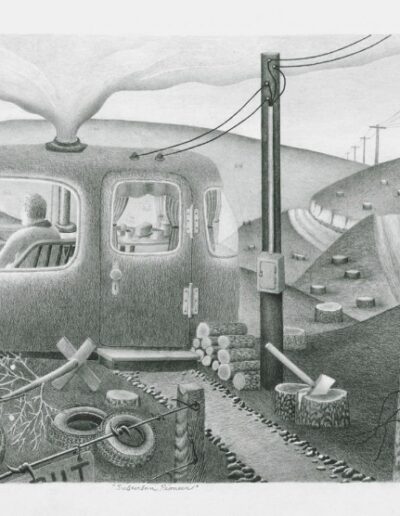 "Suburban Pioneer" - 1999 - 19"h.x25"w. Pencil drawing on archival paper.