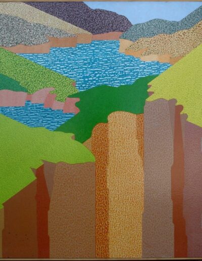 "The Reservoir" - 1988 - 50"h.x48"w. Polyester backing on the Paintskin. The work is applied to stretched canvas.